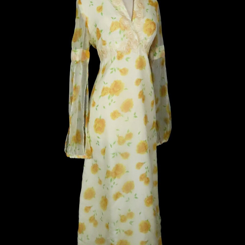 Vintage 70s Yellow Rose Floral Long Split Sleeves Empire Waist Maxi Dress L XL - Picture 3 of 16